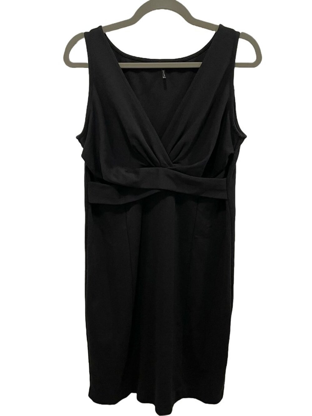 Black Ponte Sheath Dress — V-Neck Surplice Crisscross Waist — L